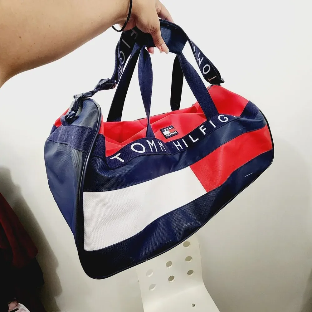 Vintage Tommy Hilfiger Duffle Bag Spell out Flag Large 24” Streetstyle 90s Y2K